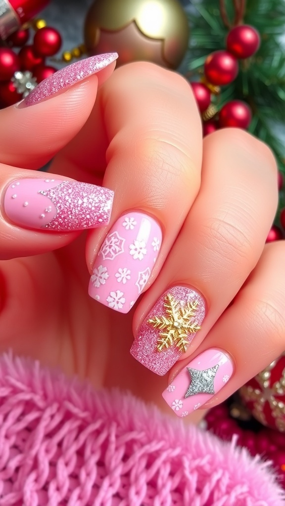 Pink Christmas Nail Art Ideas for 2025 Close-up of pink Christmas nail art with glitter and snowflake designs on a festive background.